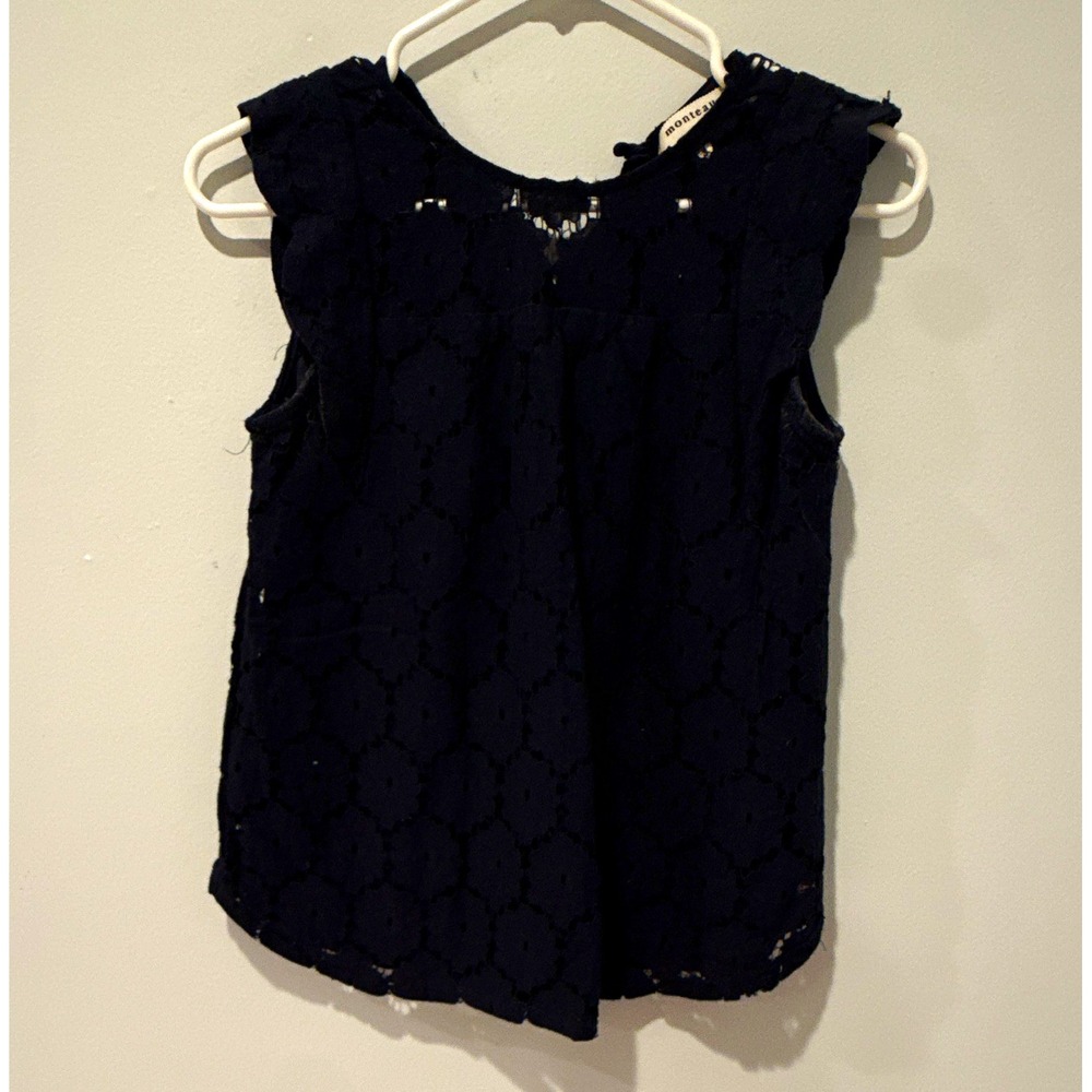 Monteau Navy Blue Floral Lace Sleeveless Lined Keyhole Round Neck Blouse Size S